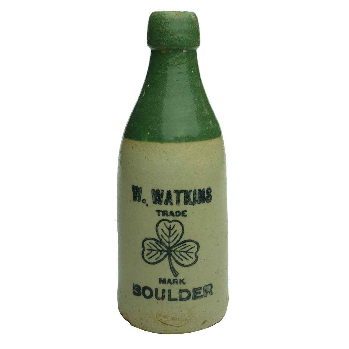 Ginger Beer. W. Watkins, Boulder. Shamrock. Bendigo Pottery. Green Top. Champagne. 10 oz. (Western Australia)