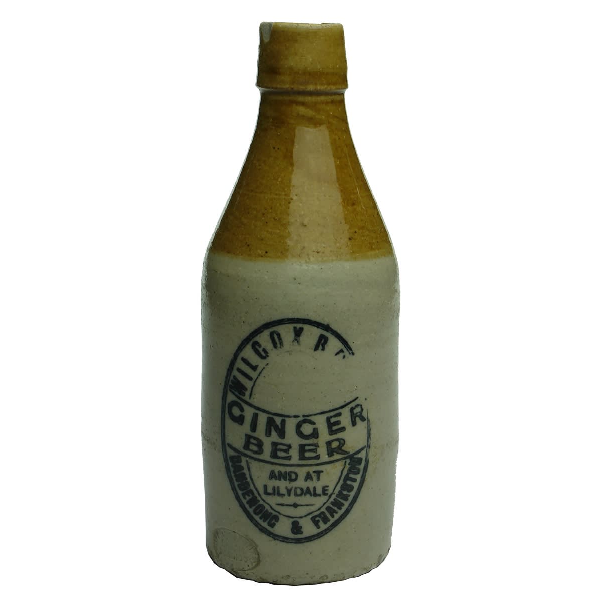 Ginger Beer. Wilcox Bros., Dandenong, Frankston, Lilydale. Tan Top. Bendigo Pottery. (Victoria)