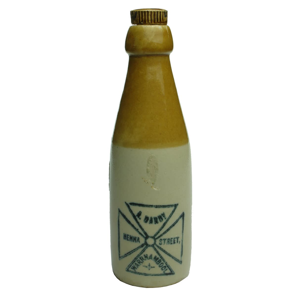 Ginger Beer. A. Darby, Henna Street, Warrnambool. Internal Thread. Bendigo Pottery. (Victoria)