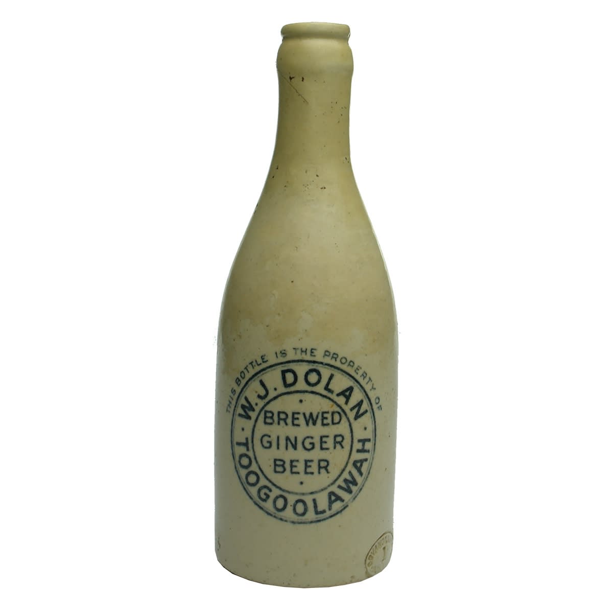 Ginger Beer. W. J. Dolan, Toogoolawah. All White. Govancroft Pottery. Crown Seal. (Queensland)