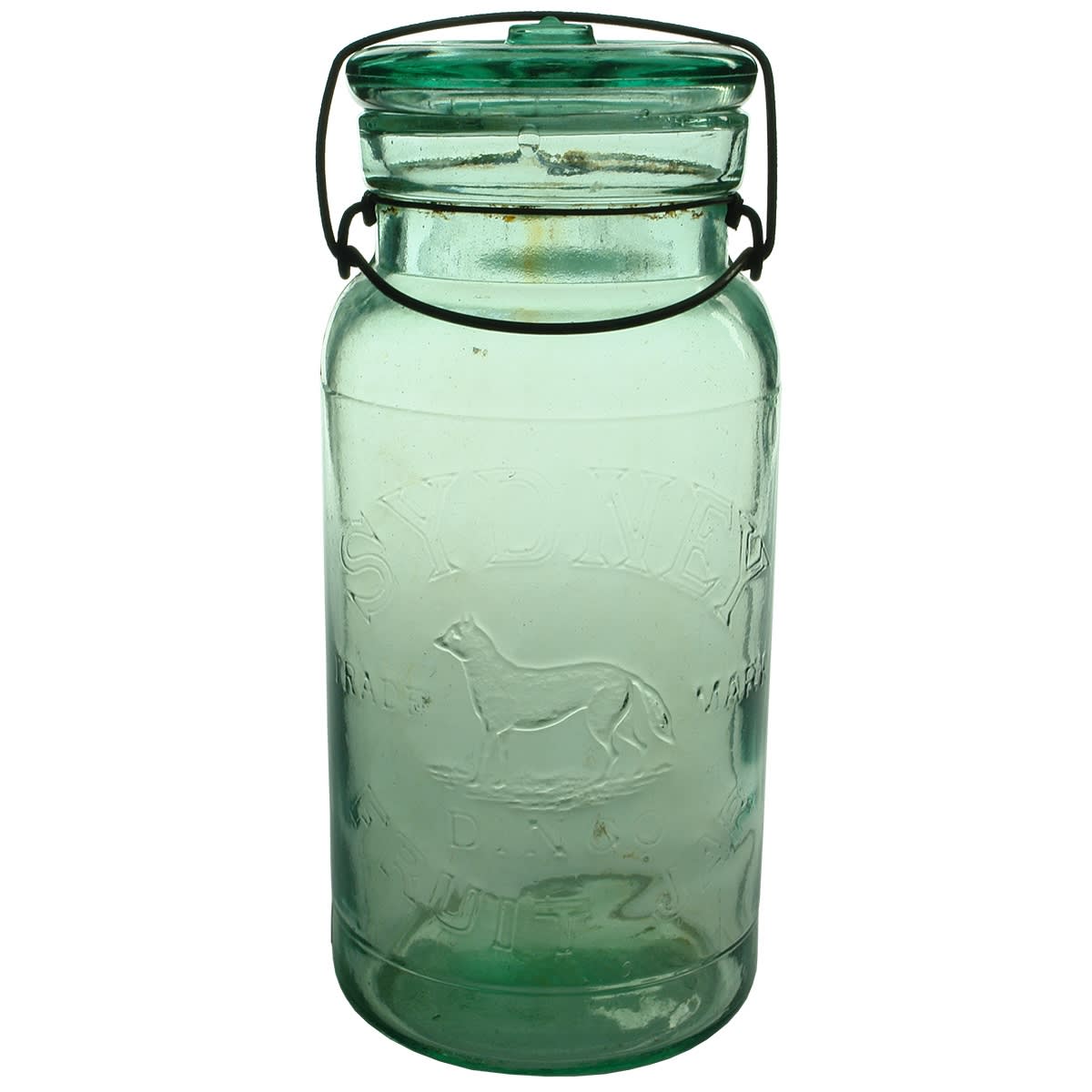 Fruit Jar. Sydney, Dingo Fruit Jar. Tail Down. Aqua. Half Gallon (New South Wales)