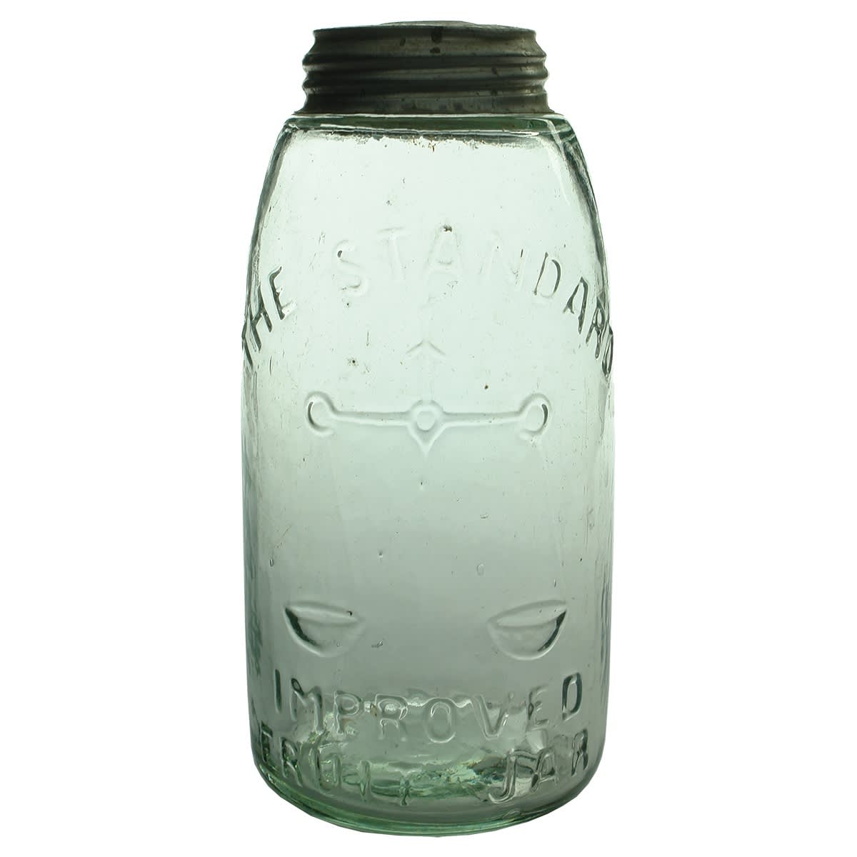 Jar. The Standard Improved Fruit Jar, Scales. Made in Belgium. Clear/Pale Aqua. 1/2 Gallon. (Australia)