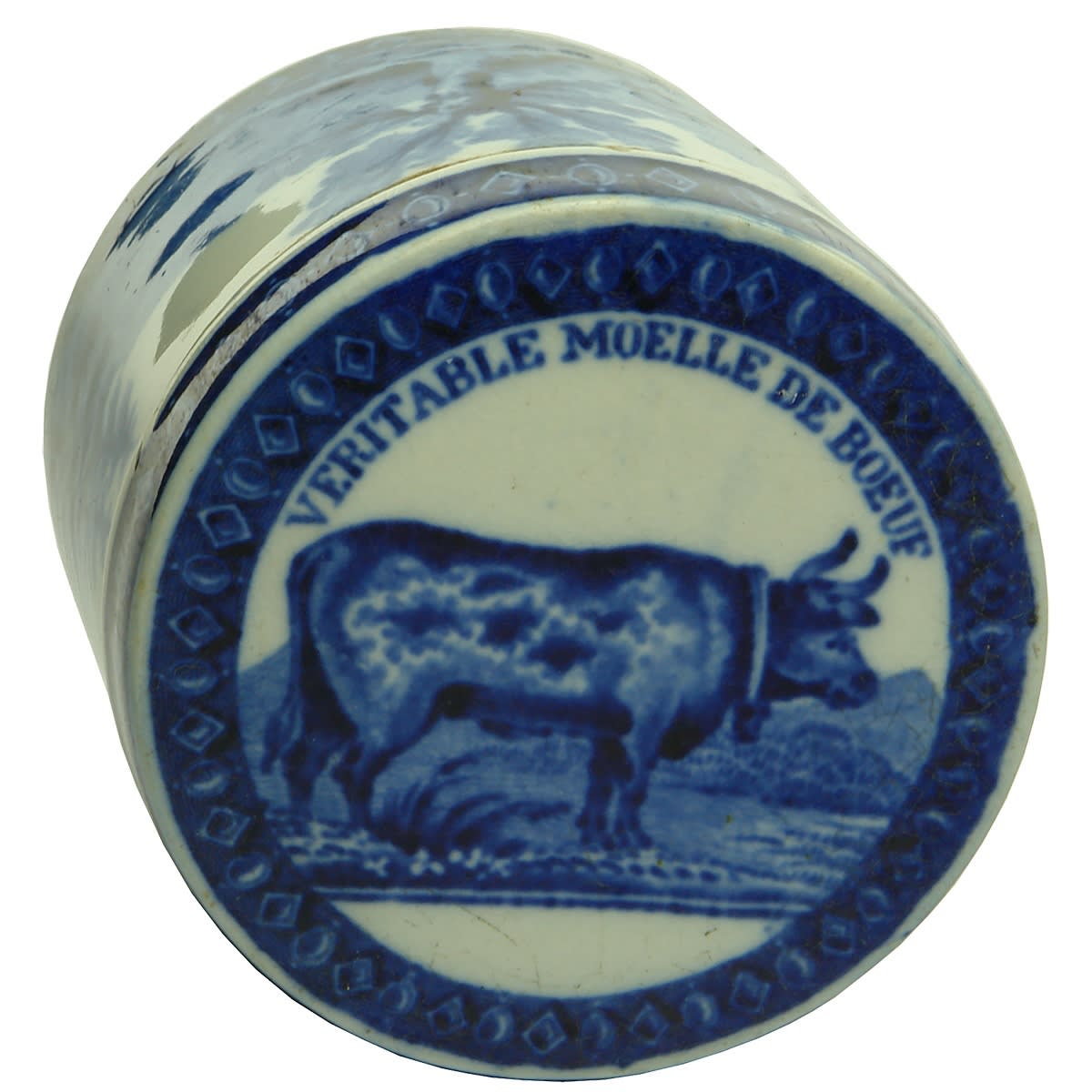 Pot lid & base. Veritable Moelle de Bouef. Beef Marrow. Blue & White Pictorial.