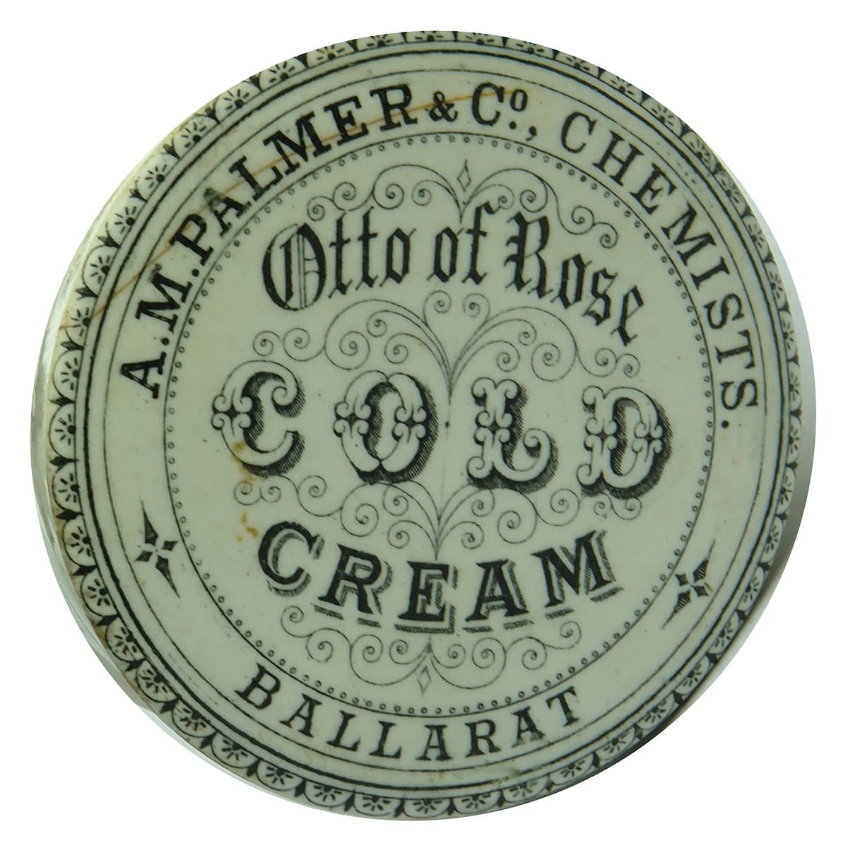 Pot Lid. A. M. Palmer, Ballarat. Cold Cream. Black & White. (Victoria)