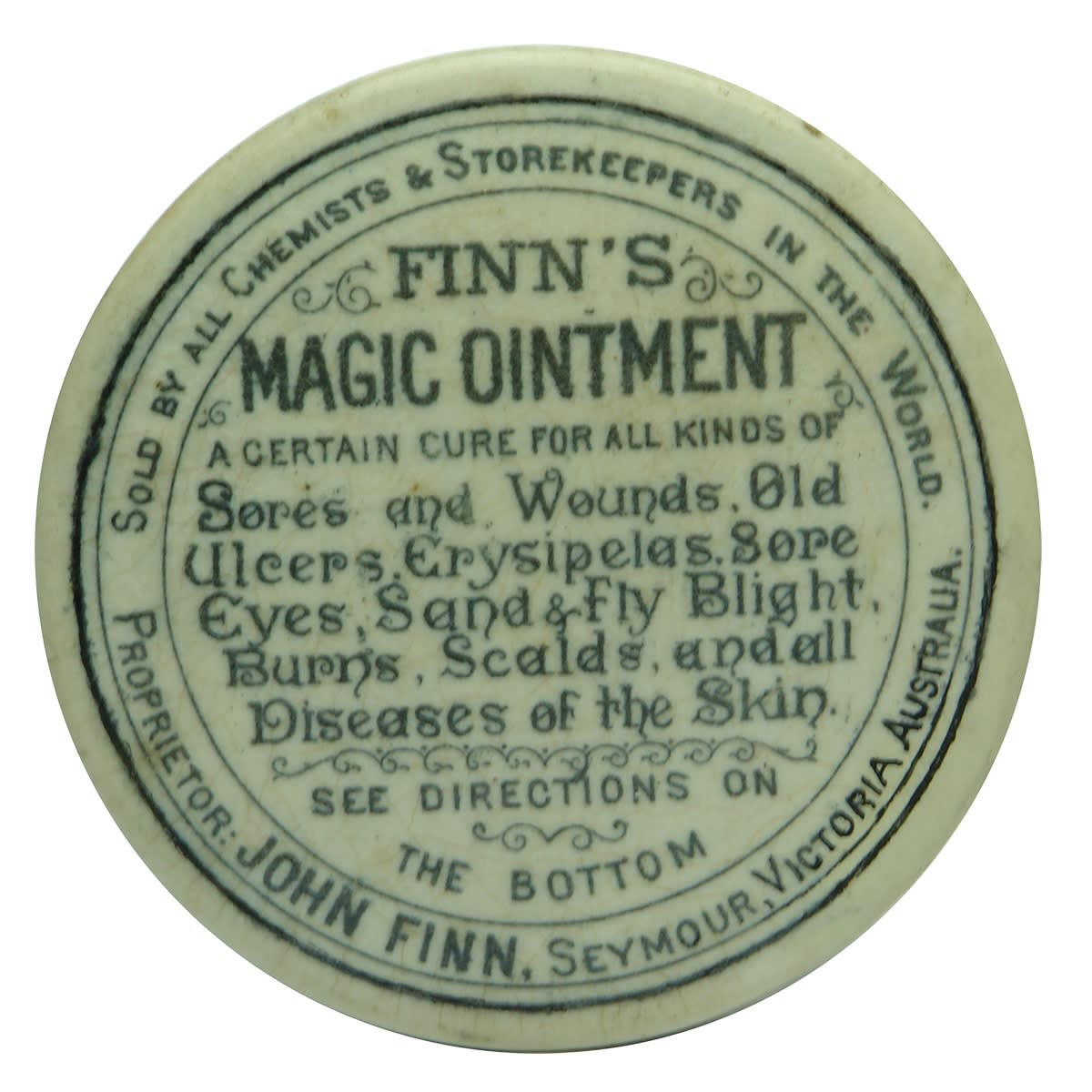 Pot Lid. Finn's Magic Ointment, Seymour. (Victoria)