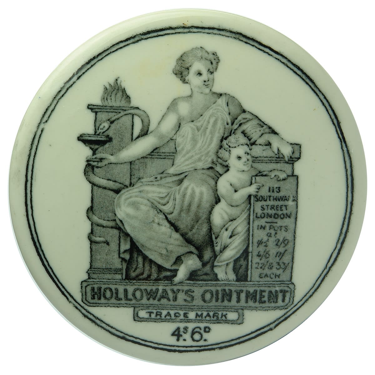 Pot Lid. Holloway's Ointment, 113 Southwark Street, London. 4s 6d size. No base. (United Kingdom)