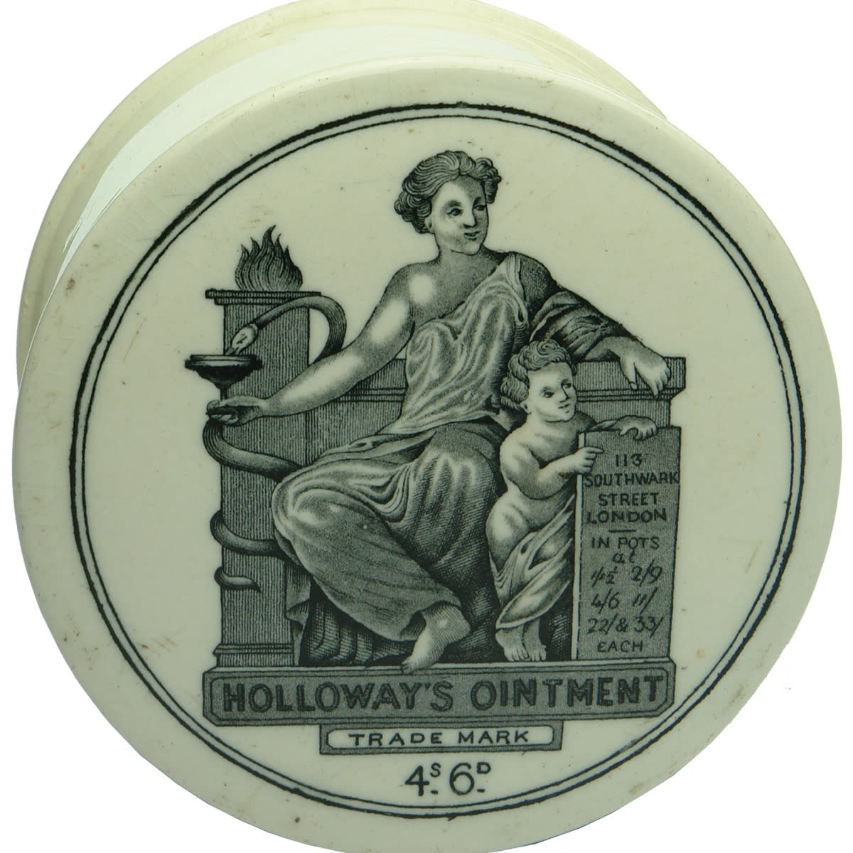 Pot Lid. Holloway's Ointment. 113 Southwark Street. 4s 6d size. With a base. (United Kingdom)