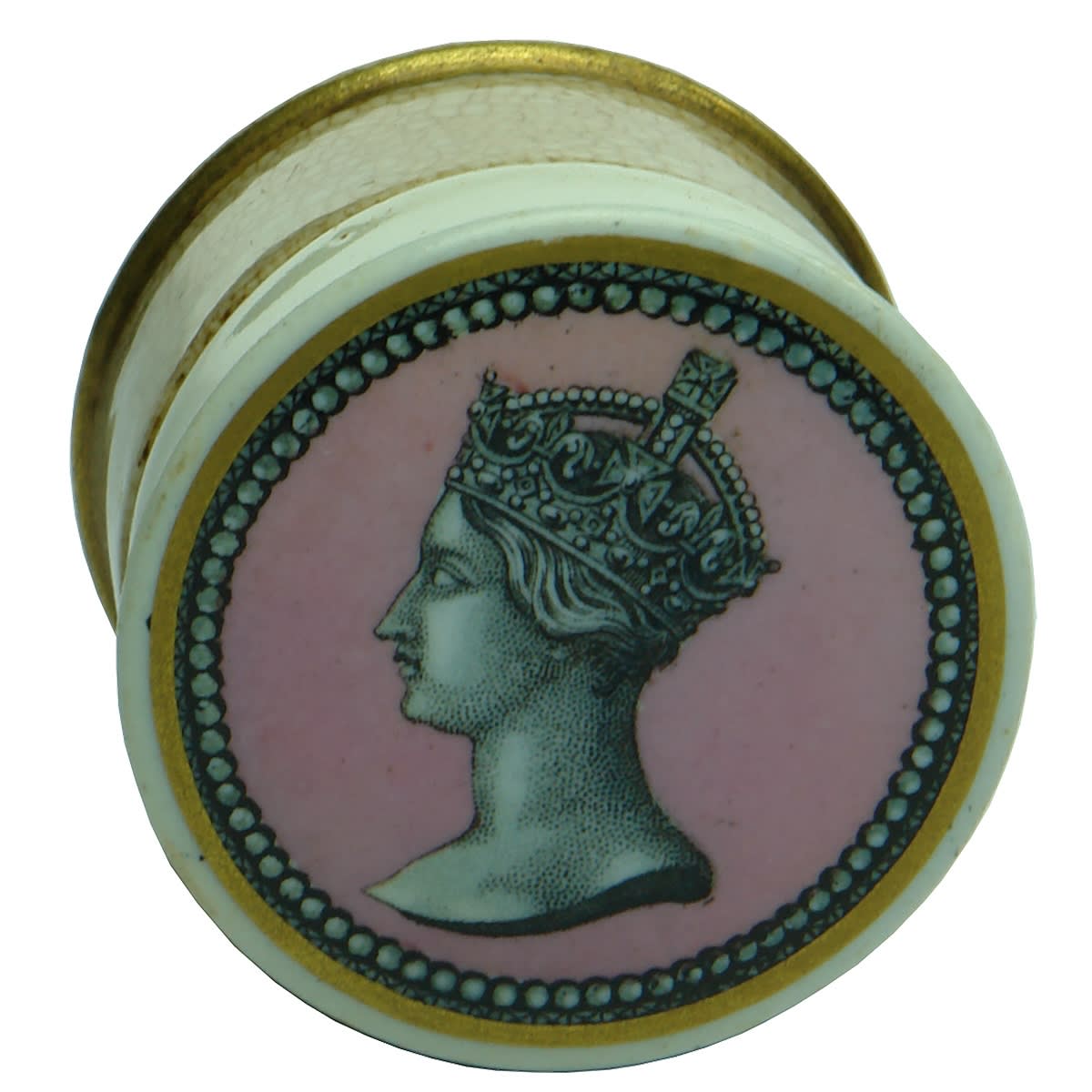 Pot lid & base. Early Queens Head on pink background. Base still with ointment inside and gold leaf around its lower edge.