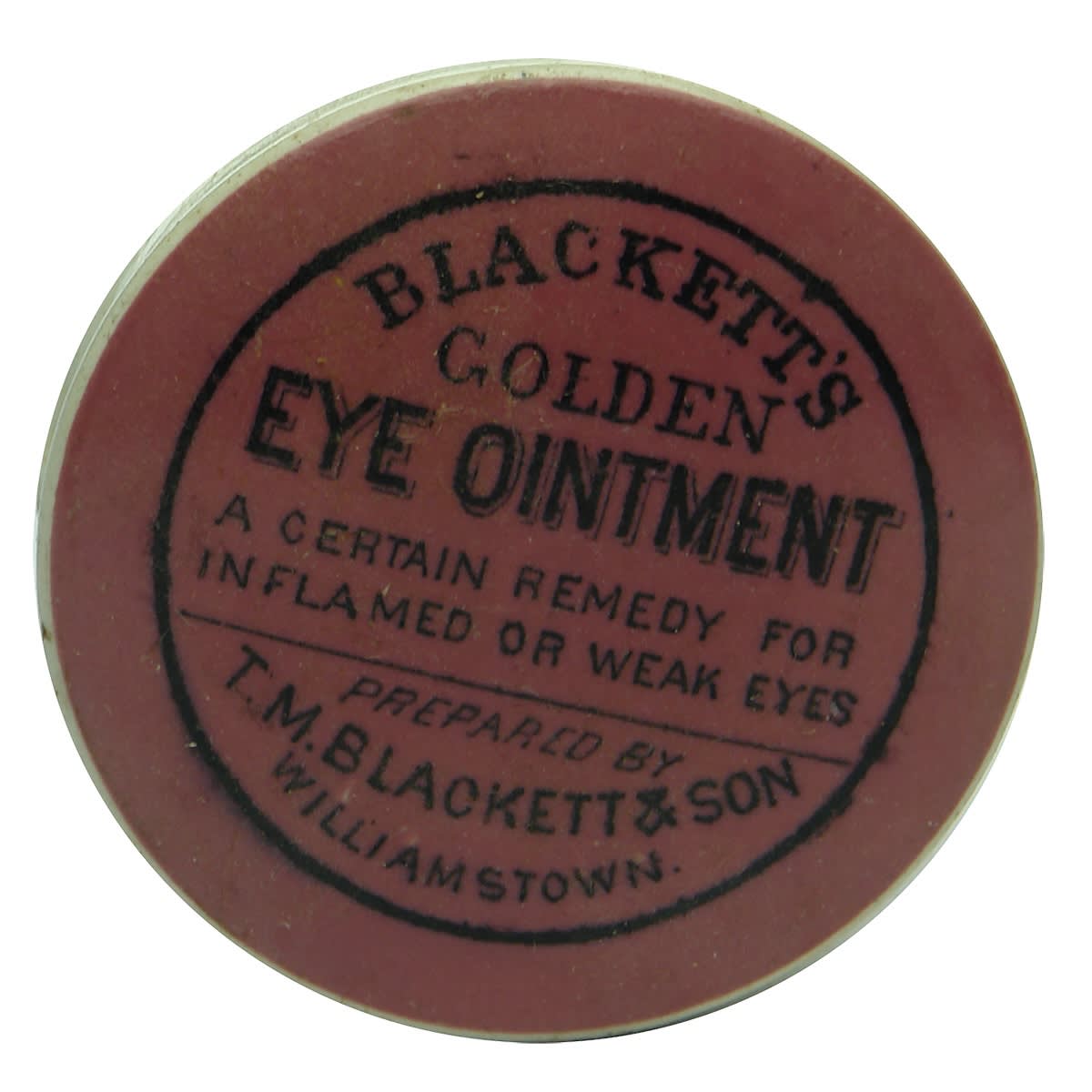 Pot Lid. Blackett's Eye Ointment, Williamstown. Black on Pink. (Victoria)