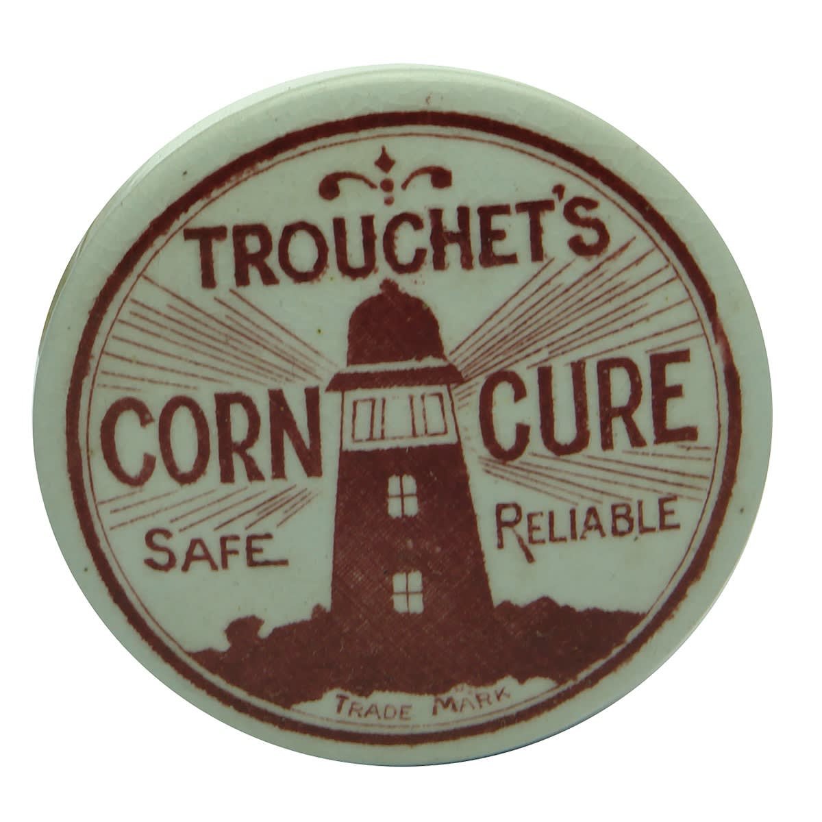 Pot Lid. Trouchet's Corn Cure. Lighthouse. Red Print. (Western Australia)