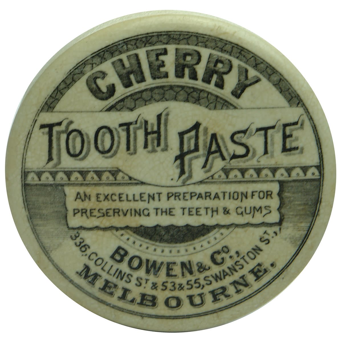 Pot Lid. Bowen & Co, Melbourne. Cherry Tooth Paste. Round. Black & White. (Victoria)