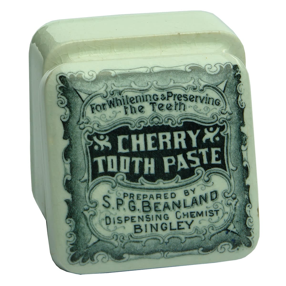 Pot Lid. S. P. G. Beanland, Bingley. Cherry Tooth Paste. Square. With base. (United Kingdom)