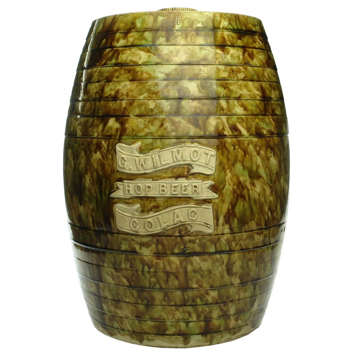 Majolica Barrel. G. Wilmot, Hop Beer, Colac. 5 Gallon size! Internal thread stopper. Tap hole to reverse. Bendigo Pottery. (Victoria)