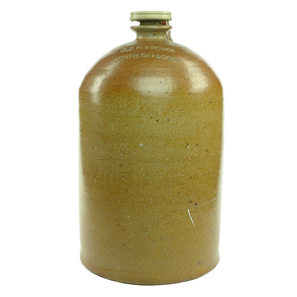 Demijohn. R. J. Fletcher, North Geelong. Salt Glazed. Internal Thread. Bendigo Pottery. (Victoria)