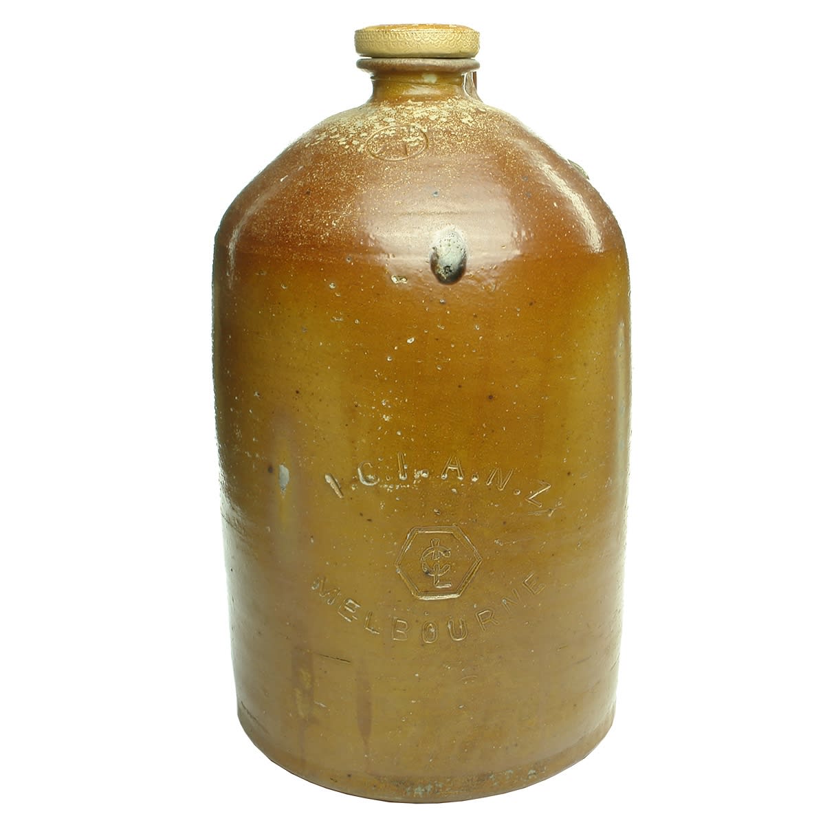 Demijohn. ICI ANZ Melbourne. Chemical Demijohn. Salt Glaze. Internal Thread with Stopper. Bendigo Pottery. (Victoria)