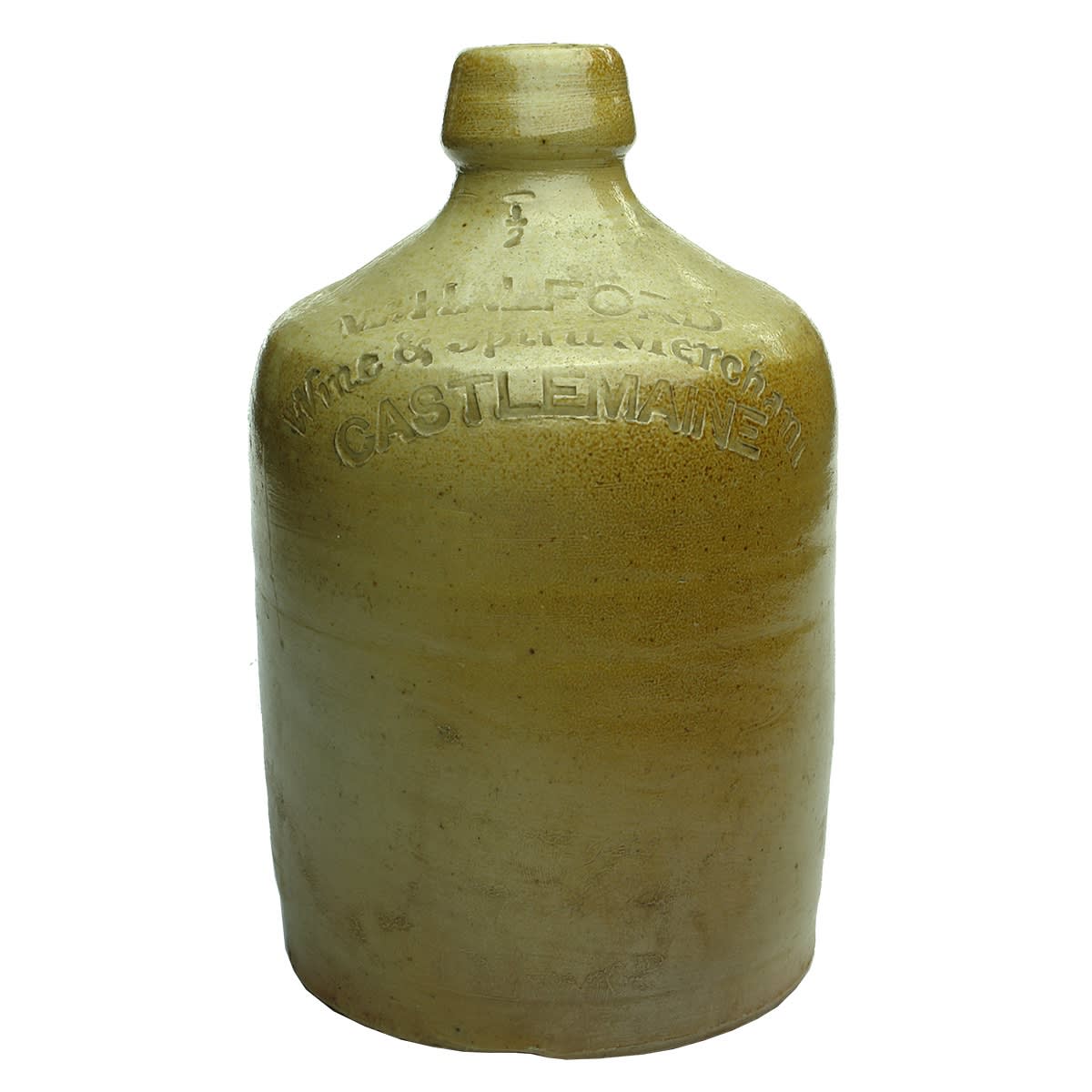 Demijohn. W. Halford, Castlemaine. Salt Glaze. 1/2 Gallon. Impressed. (Bendigo Pottery). (Victoria)