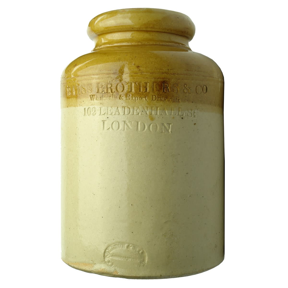 Pharmacy. Baiss Brothers & Co., Wholesale & Export Druggists, London. Two tone jar. 1/2 Gallon. (United Kingdom)