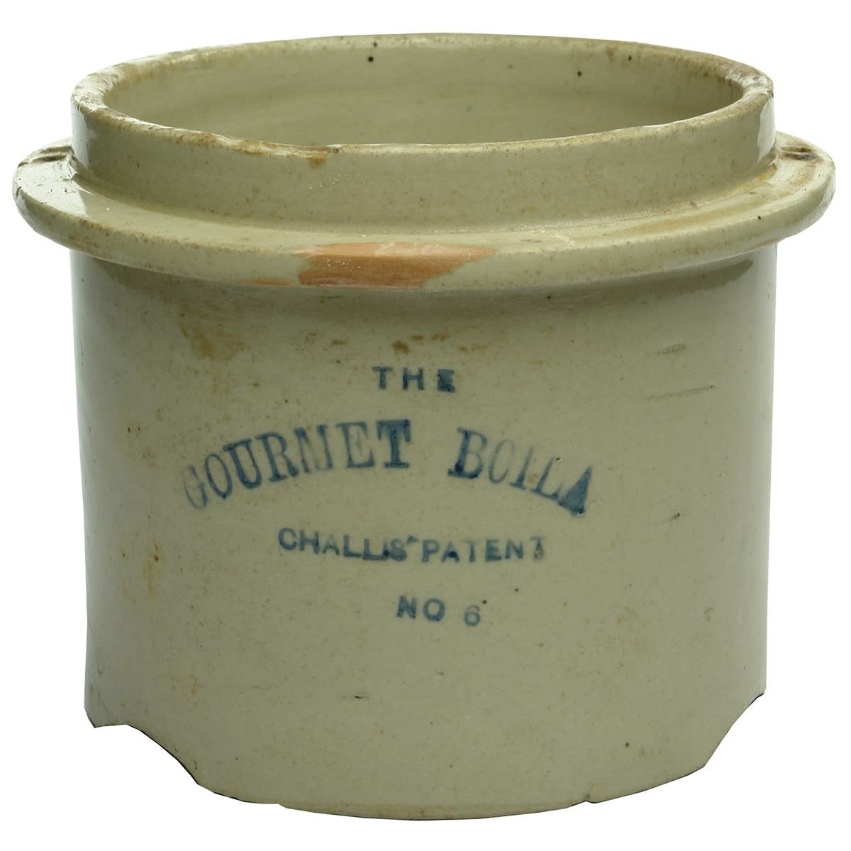 Pottery. Gourmet Boila, Challis' Patent, No. 6. Bendigo Pottery. Blue half impressed print. (Victoria)