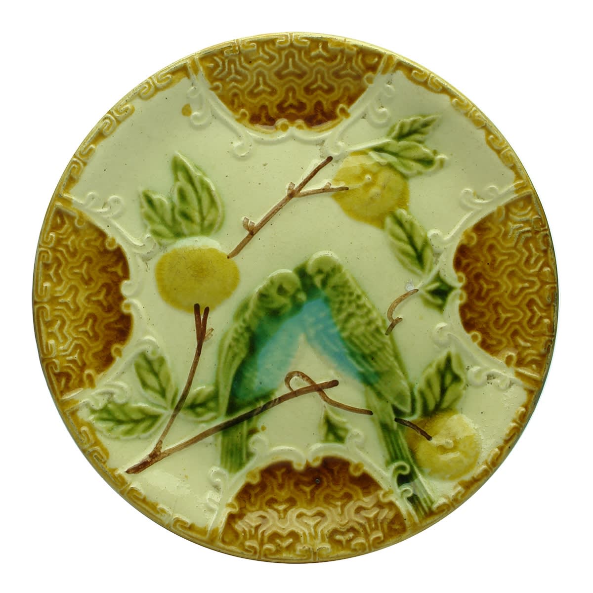 Pottery. French Majolica Plate with Two Parrots. (France)