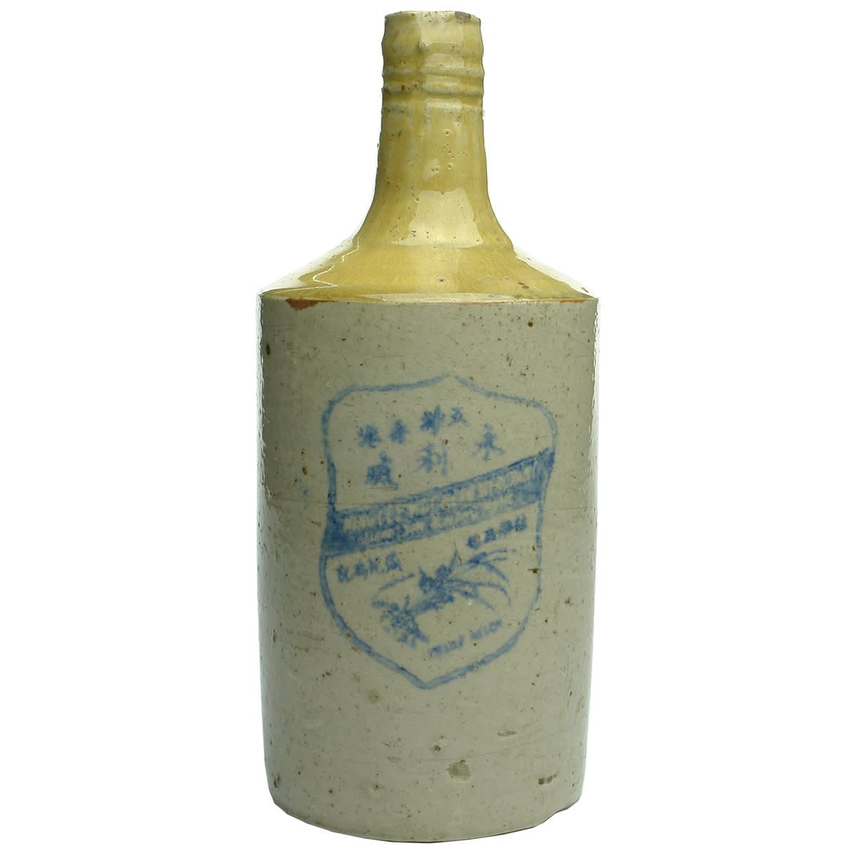 Chinese. Wing Lee Wai Chinese Rice Wine Bottle, Shield Design. Blue Print. Tan Top. 26 oz. (China)