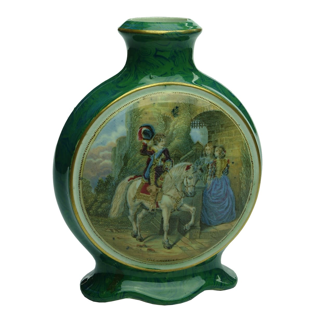 Prattware Sauce bottle. Village Wedding. Cavalier. Mottled green sides.