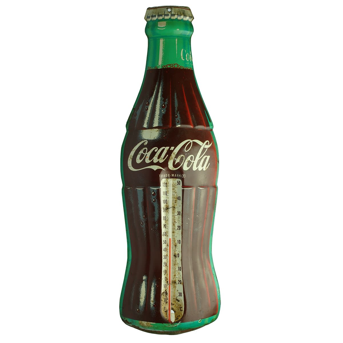 Thermometer. Coca-Cola Bottle Shaped Tin Advertising Thermometer, Made by Donasco, U. S. A. (United States)