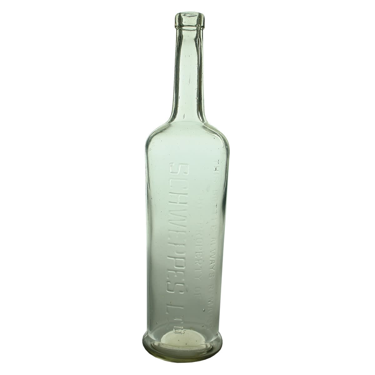 Cordial. Schweppes Ltd. Pedestal base. Long neck with spun finish top. Clear. 26 oz.