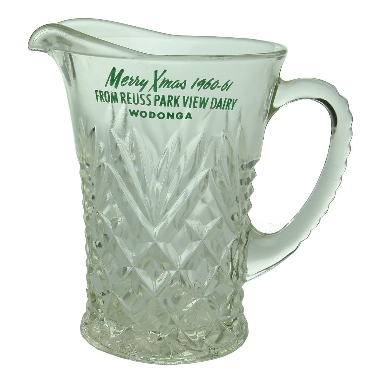 Milk. Reuss Park View Dairy, Wodonga. Handled Glass Jug. Green Print. 1 Pint. (Victoria)