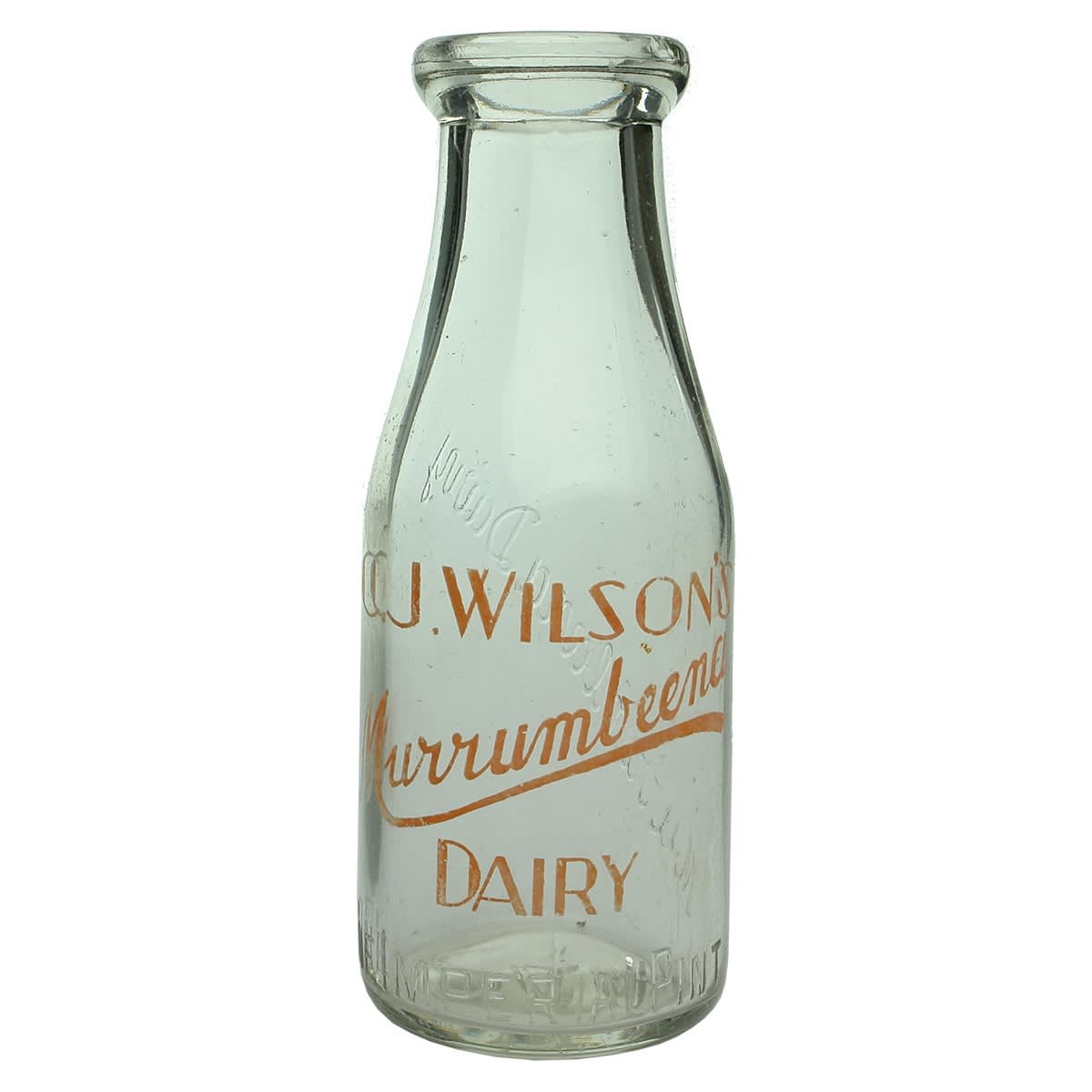 Milk. Murrumbeena Dairy. C. J. Wilson. Ceramic Label. Wad Lip. Clear. 1 Pint. (Victoria)