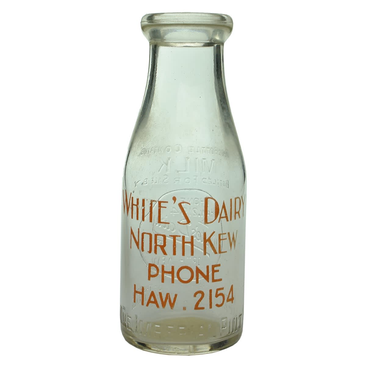 Milk. White's Dairy, North Kew. Base: 315. Red Print. Wad Lip. 1 Pint. (Victoria)