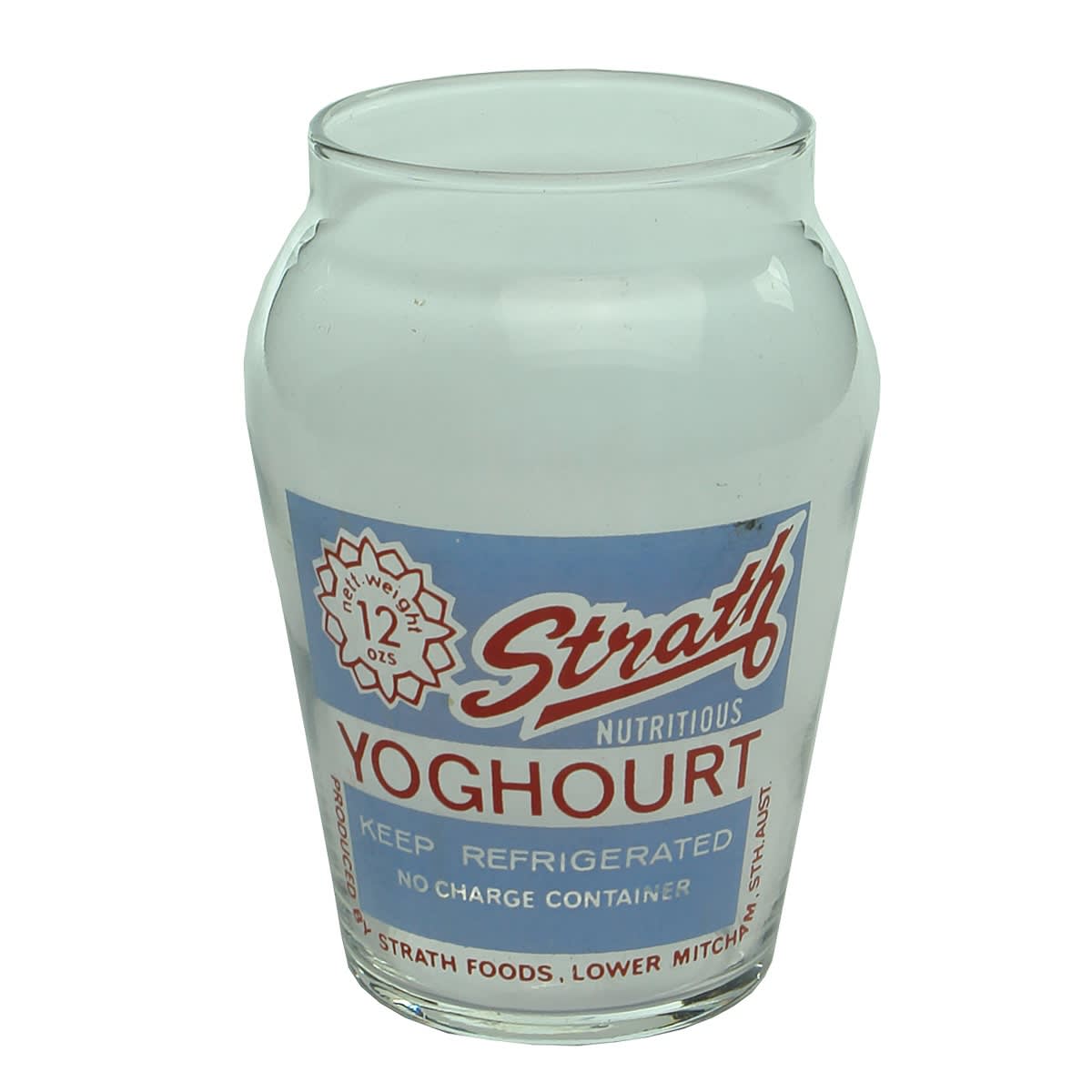 Dairy. Strath Yoghourt, Lower Mitcham. Ceramic Label Jar. 12 oz. (South Australia)