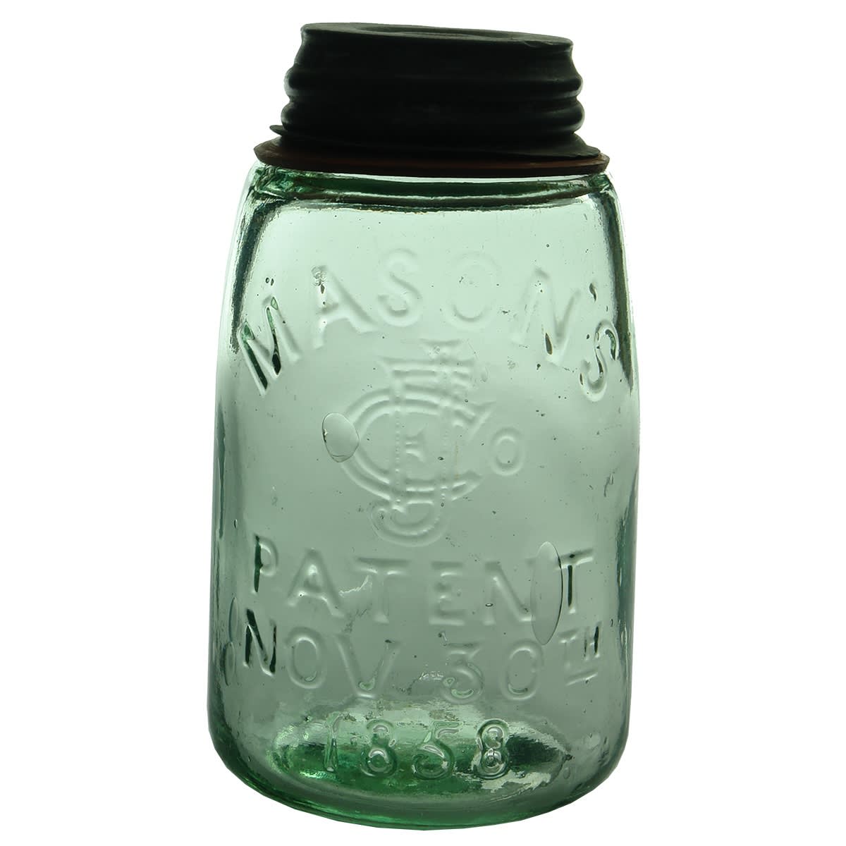 Fruit Jar. Mason's CFJ Co Patent Nov 30th 1858. Midget Pint. Green Aqua. (Australia)