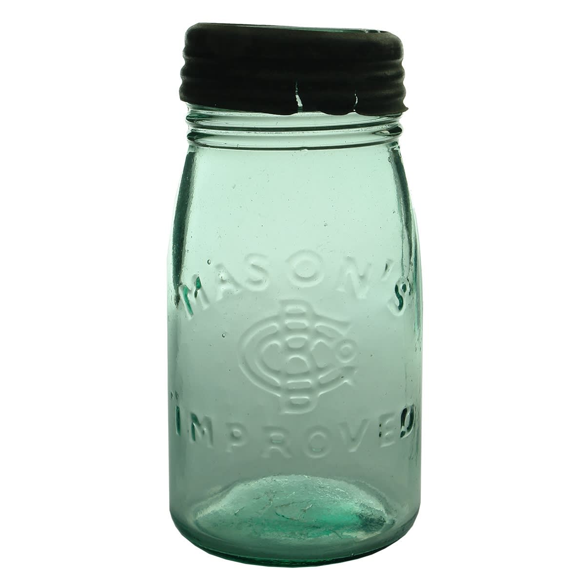 Fruit Jar. Mason's BGCo Improved. Botany Glass Works. Aqua. 1 Quart. (Sydney, New South Wales, Australia)