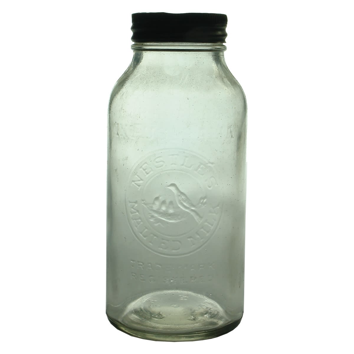 Jar. Nestle's Malted Milk. Original Tin Cap. Clear. 1 Pint.