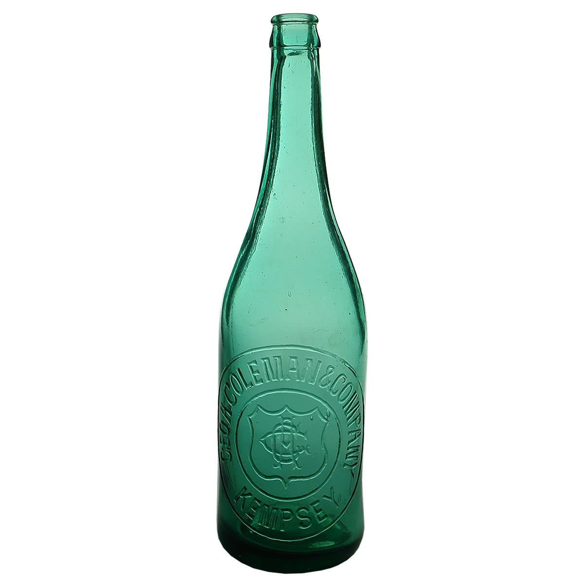 Crown Seal. Geo. A. Coleman & Company, Kempsey. Dark Aqua. Spun top. Zetland Glass. (New South Wales)