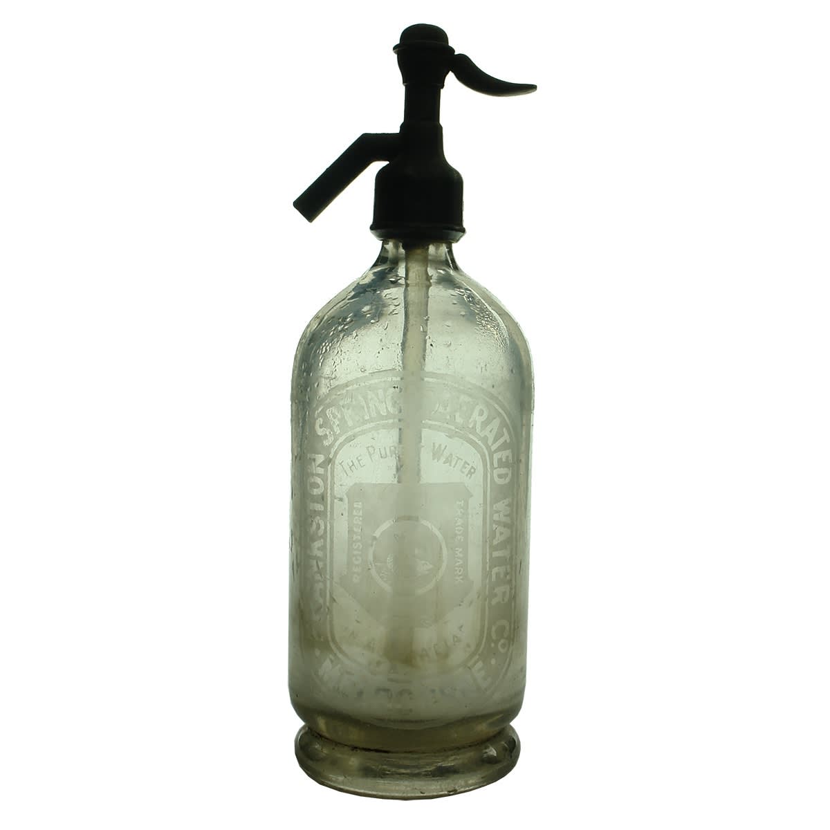 Soda Syphon. Frankston Springs Aerated Water Co, Melbourne, Serpent. F. S. Co, G. V. C to rear. Round. Clear. 30 oz. (Victoria)