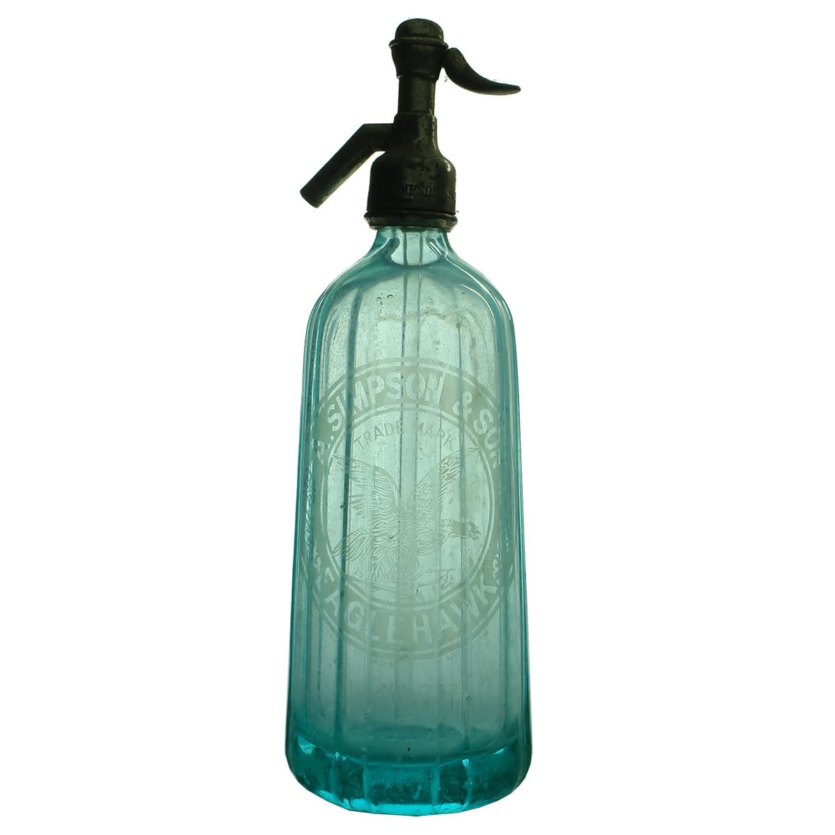 Soda Syphon. A. Simpson, Eaglehawk. Pyramid shape. Turquoise Uranium Glass. 30 oz. (Victoria)