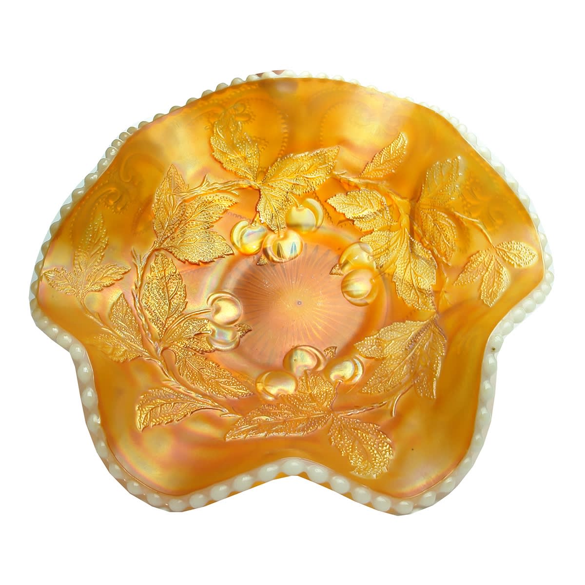 Carnival Glass Bowl. Cherries. Marigold Orange. Milk glass edges.