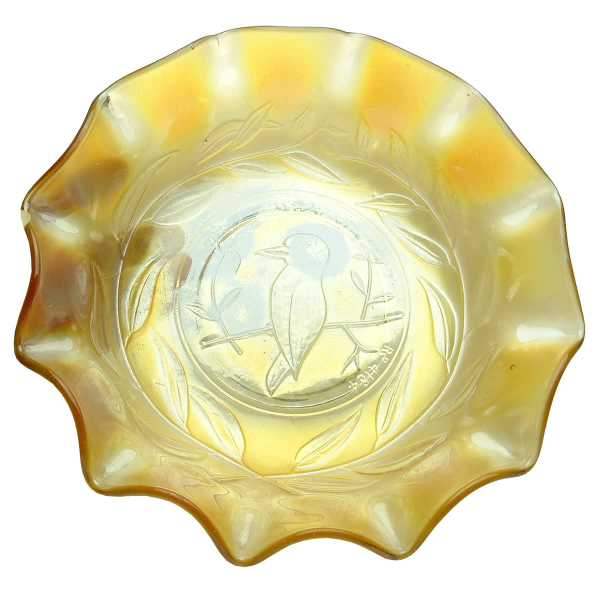 Carnival Glass Bowl. Kookaburra. Leaves around. Rd 4184. Clear to light Marigold Orange.