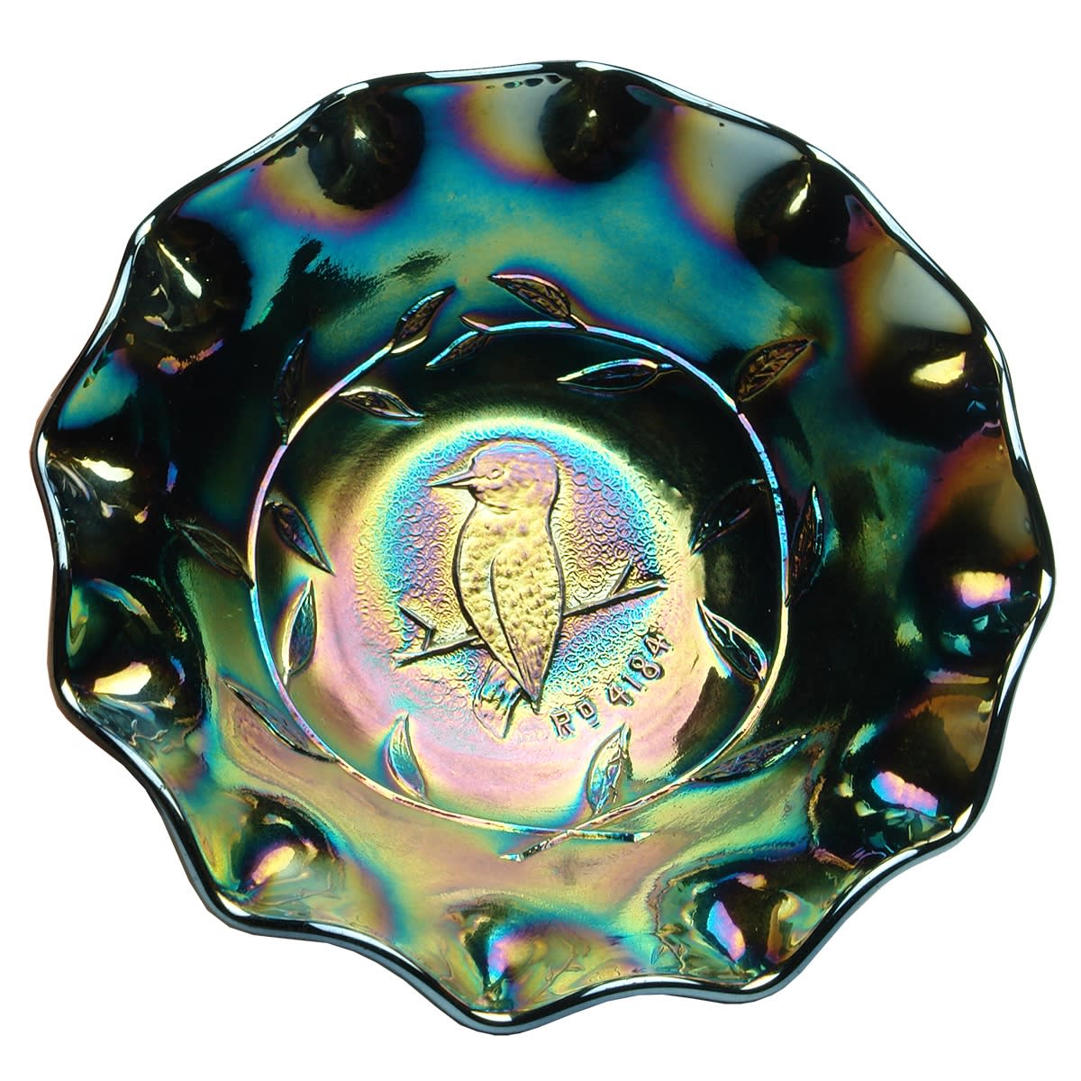 Small Carnival Glass Bowl. Kookaburra. Rd 4184. Dark Glass.