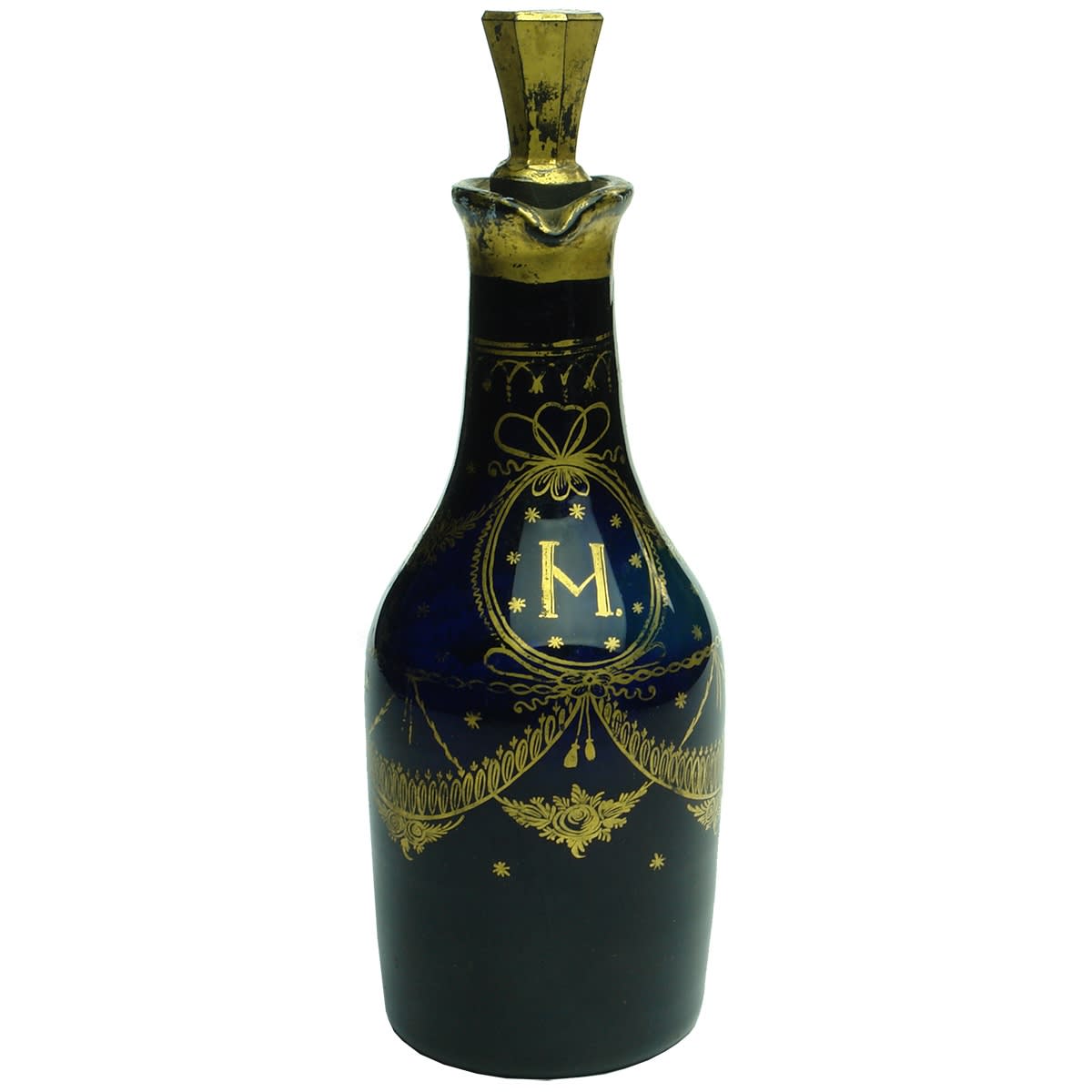 Early Glass. Handled bottle with stopper, pouring spout, gold leaf design. Cobalt. Polished Pontil.