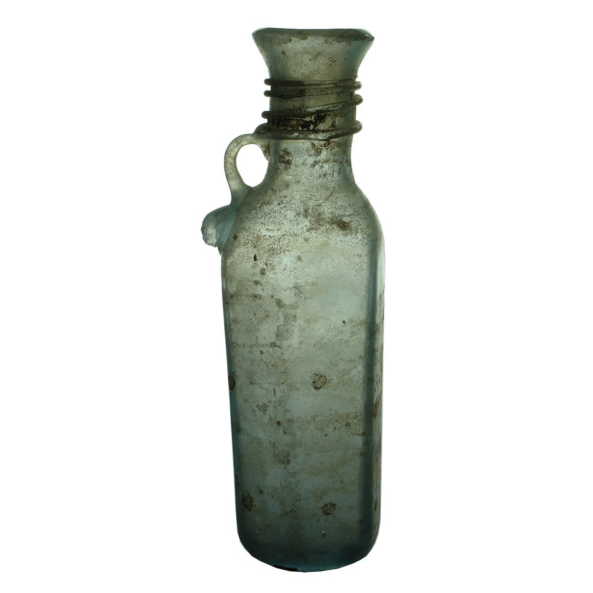 "Roman" bottle. Hexagonal. Applied handle and swirls around neck.