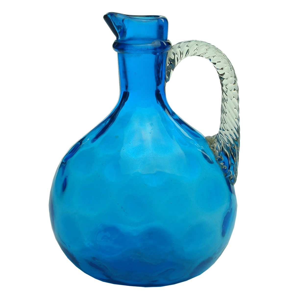 Early Glass. Pattern moulded carafe, polished pontil, twisted clear glass handle.