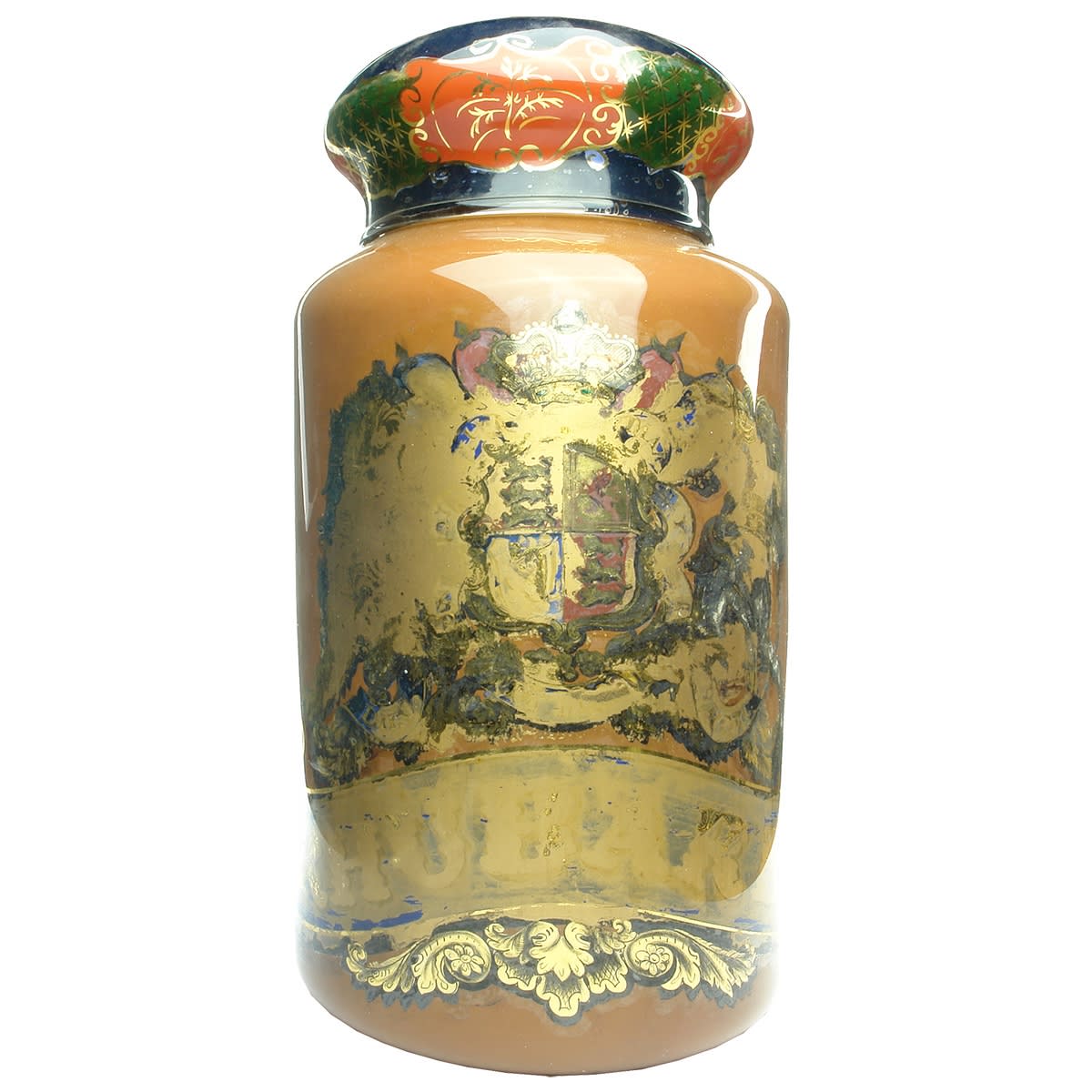 Pharmacy. Large Pharmacy Display Jar With Lid, Coat of Arms, Rhubarb. Pontil.