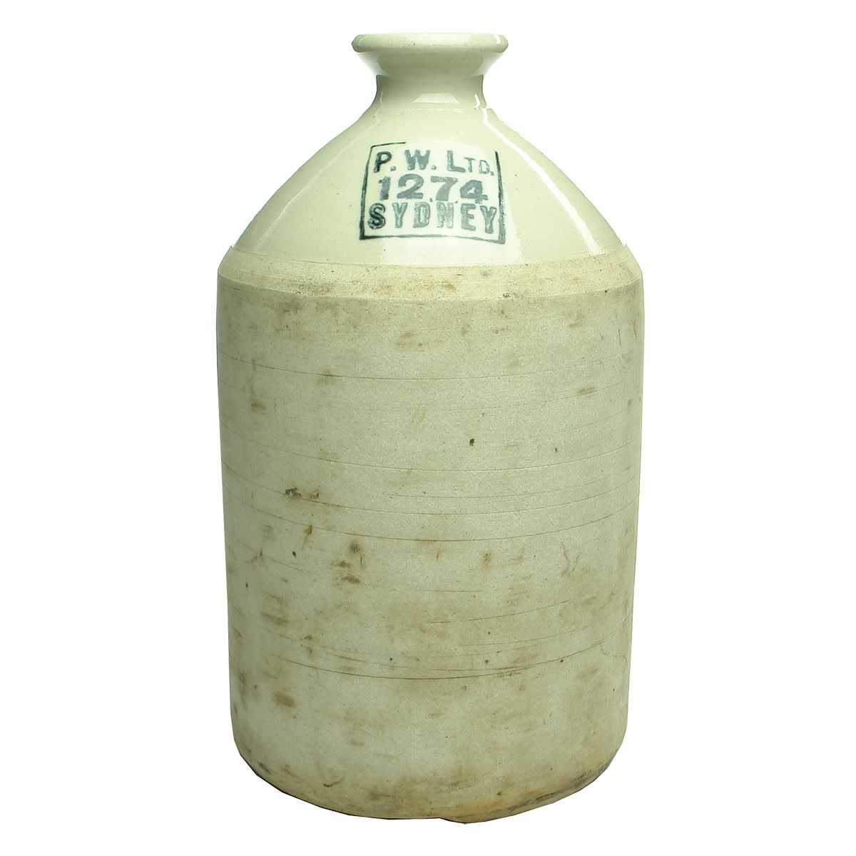 Demijohn. P. W. Ltd 1274 Sydney. (Penfolds Wines). All White. One Gallon. (New South Wales)