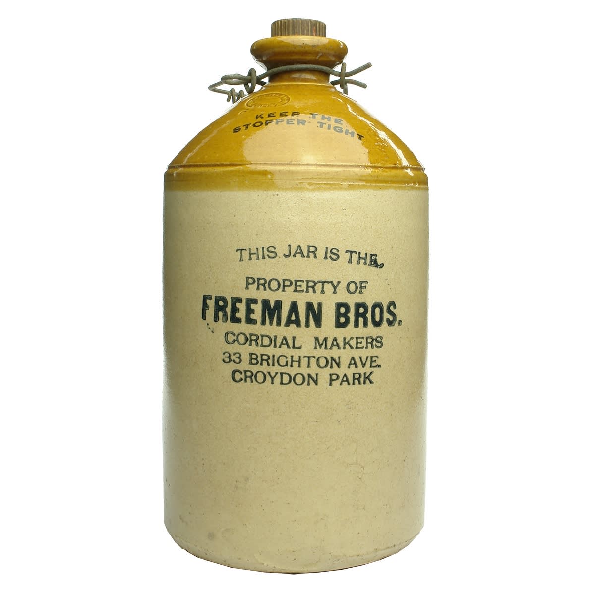 Demijohn. Freeman Bros., Cordial Makers, Croydon Park. Fowler Pottery. (New South Wales)