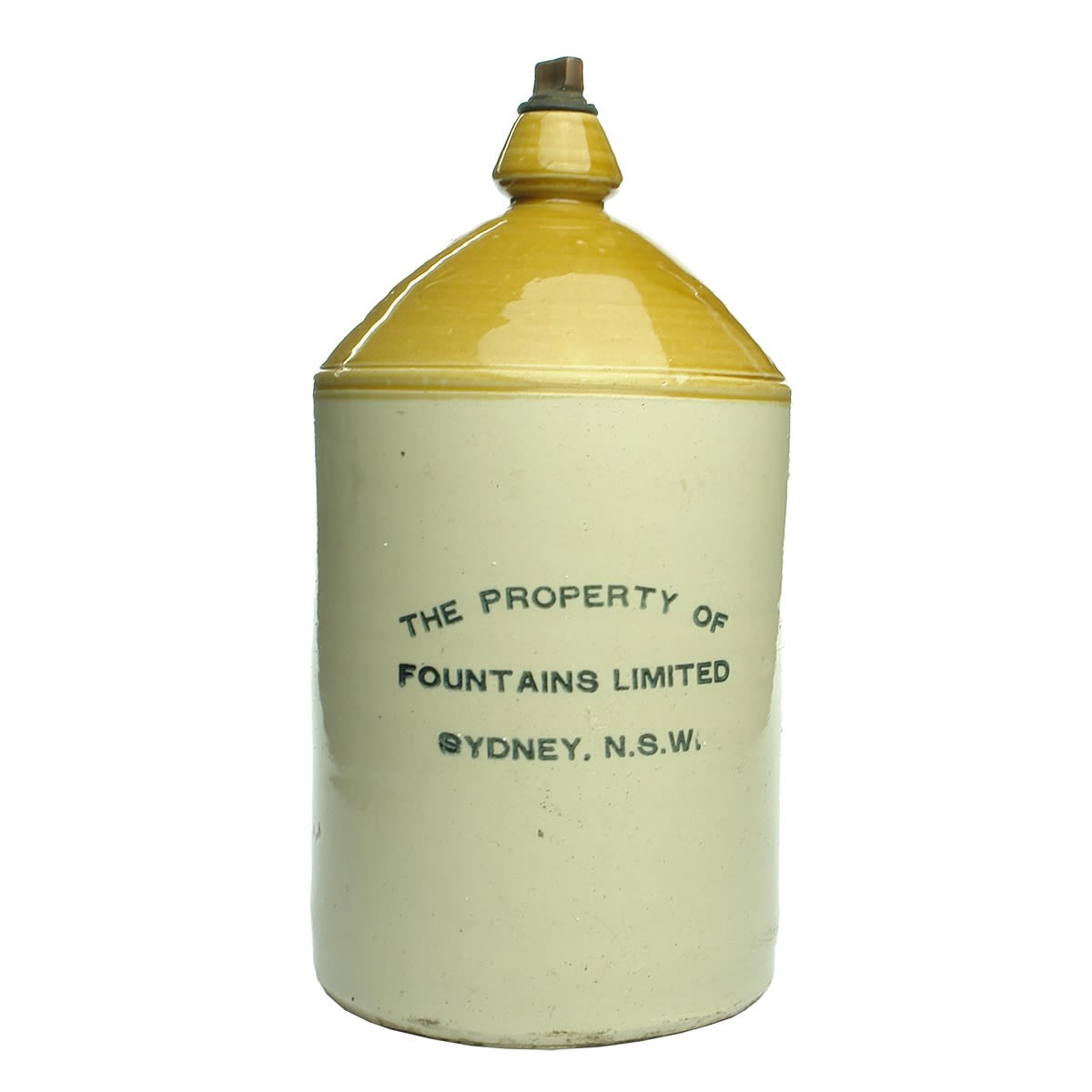 Demijohn. Fountains Limited. Sydney. Printed. Gallon. Internal Thread. R. Fowler Pottery. (New South Wales)