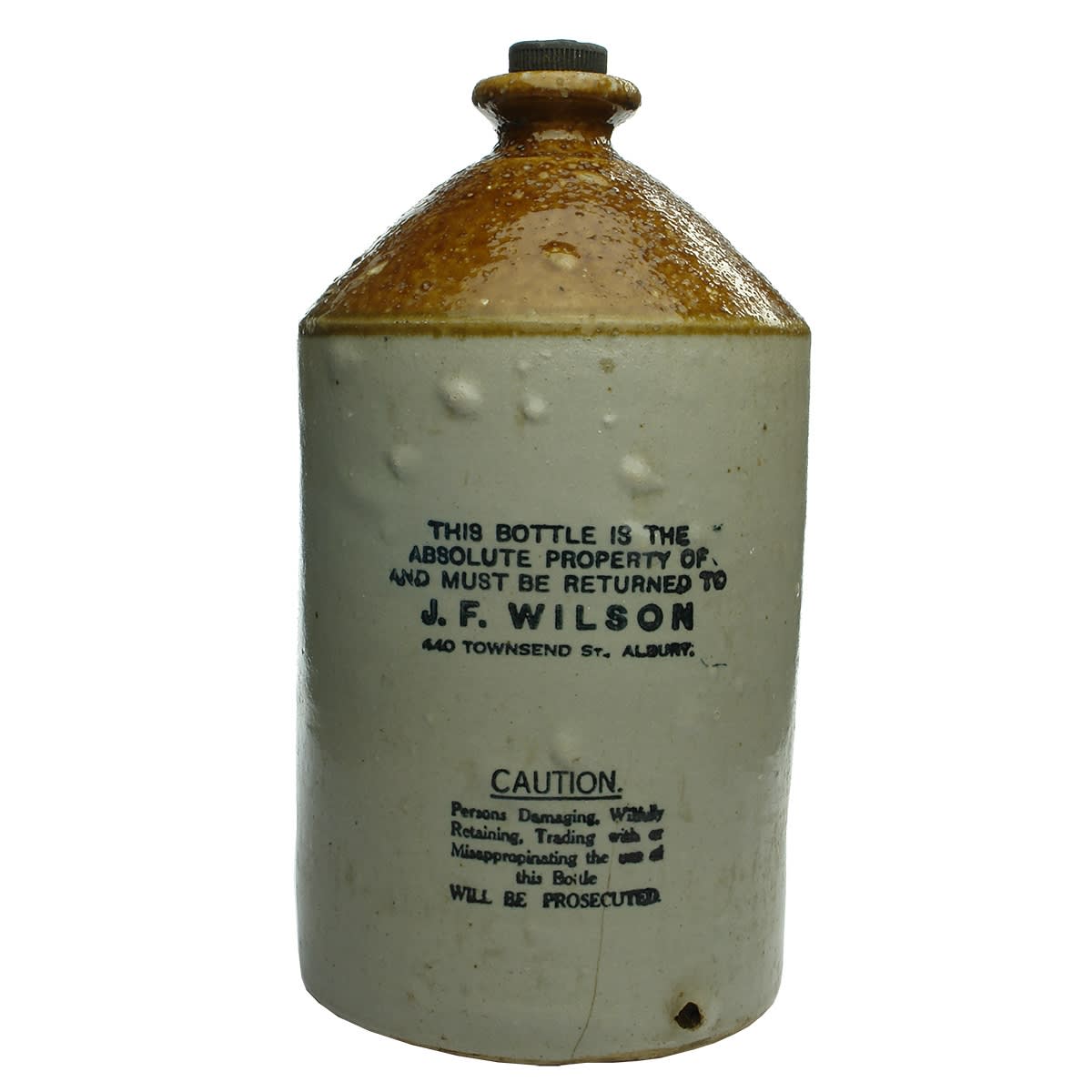 Demijohn. J. F. Wilson, Albury. Tan Top. 1 Gallon. (New South Wales)