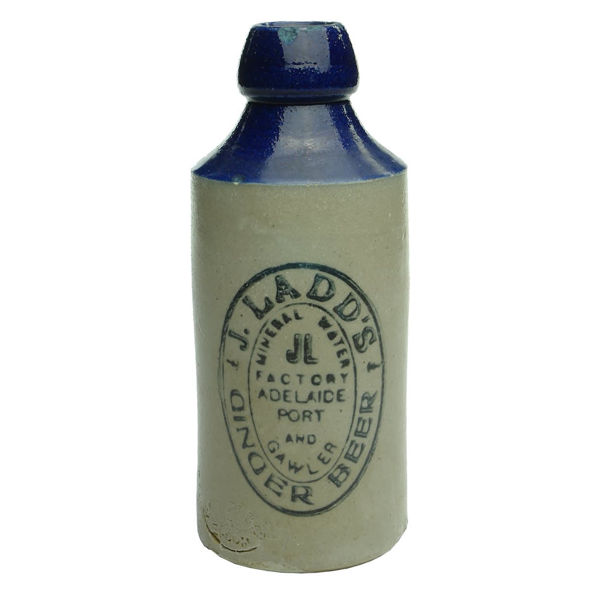 Ginger Beer. J. Ladd, Adelaide, Port and Gawler. Bendigo Pottery. Blue Top. (South Australia)