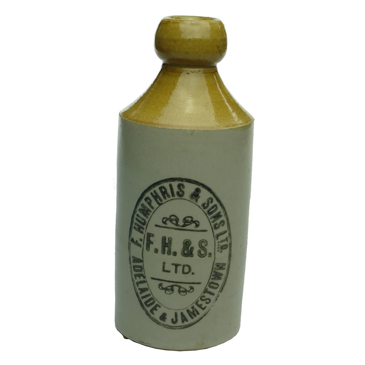 Ginger Beer. F. Humphris & Sons Ltd, Adelaide & Jamestown. Dump. Tan Top. Cork Stopper. Bendigo Pottery. (South Australia)